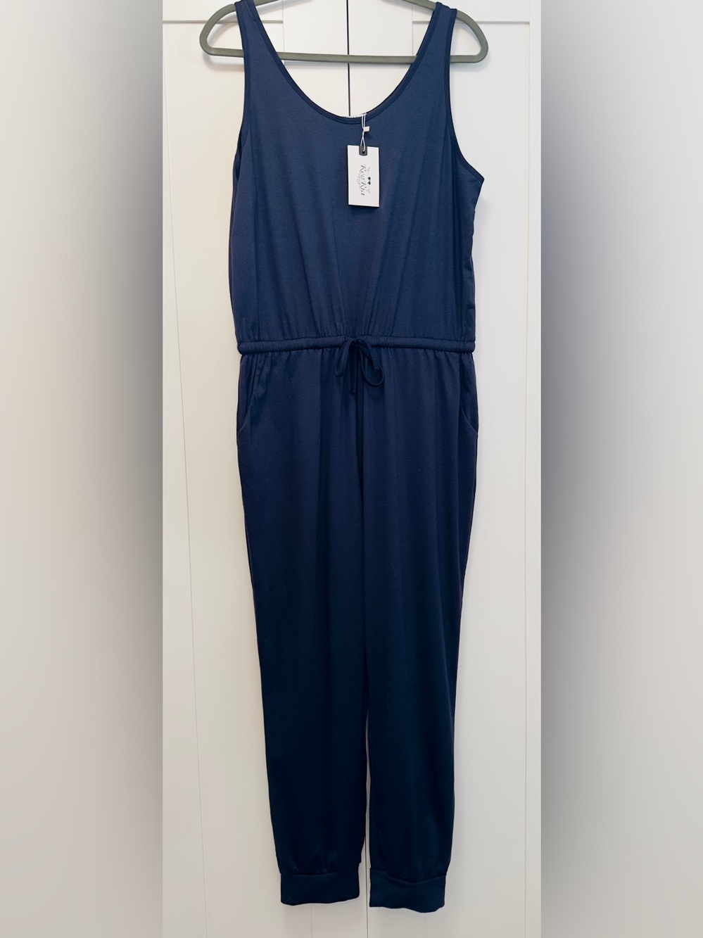 Navy Blue Sleeveless Gather Drawstring Waist Jumpsuit Romper Sz XL NEW!
